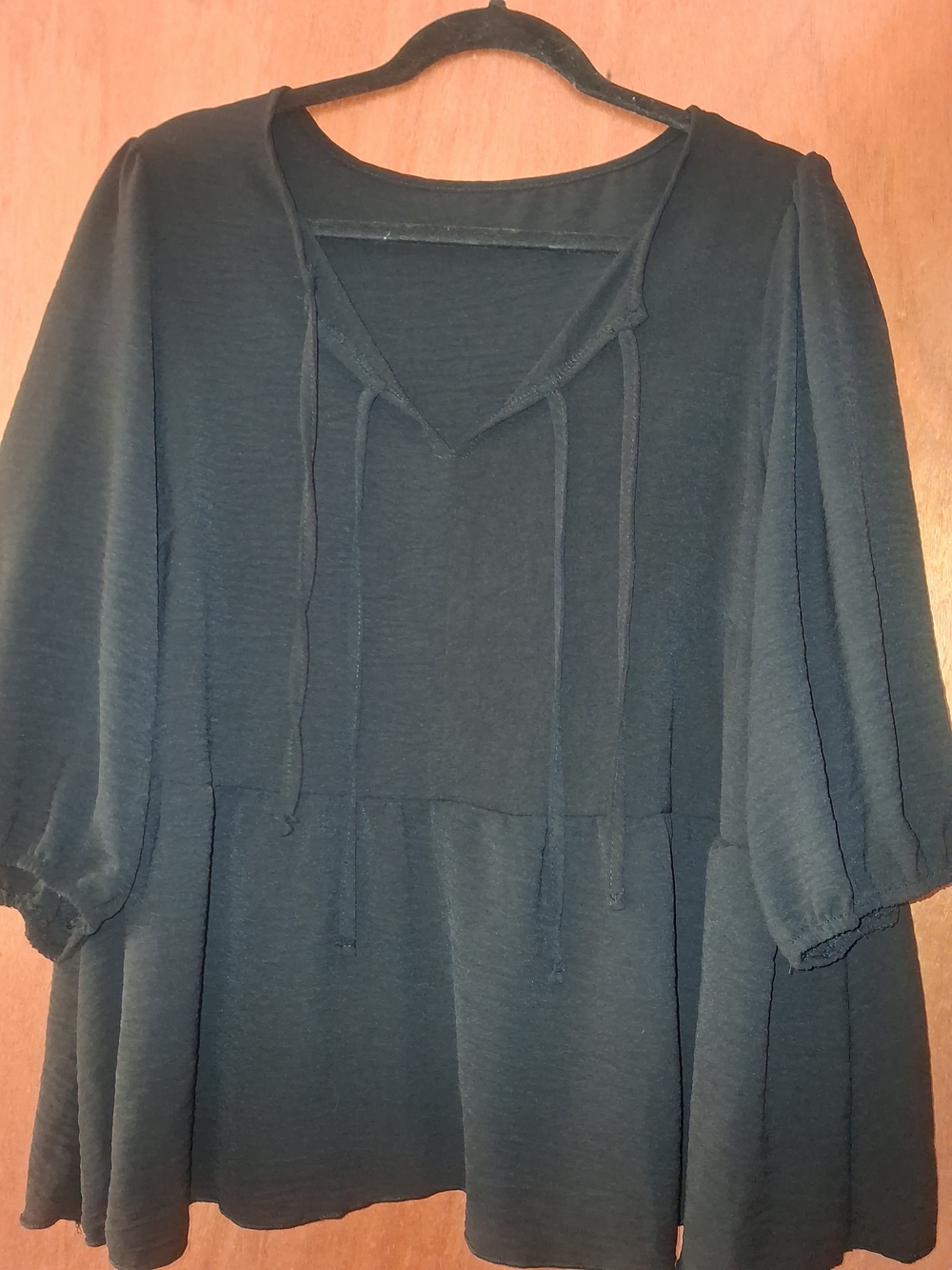 Black Peasant Blouse with Tie Neck